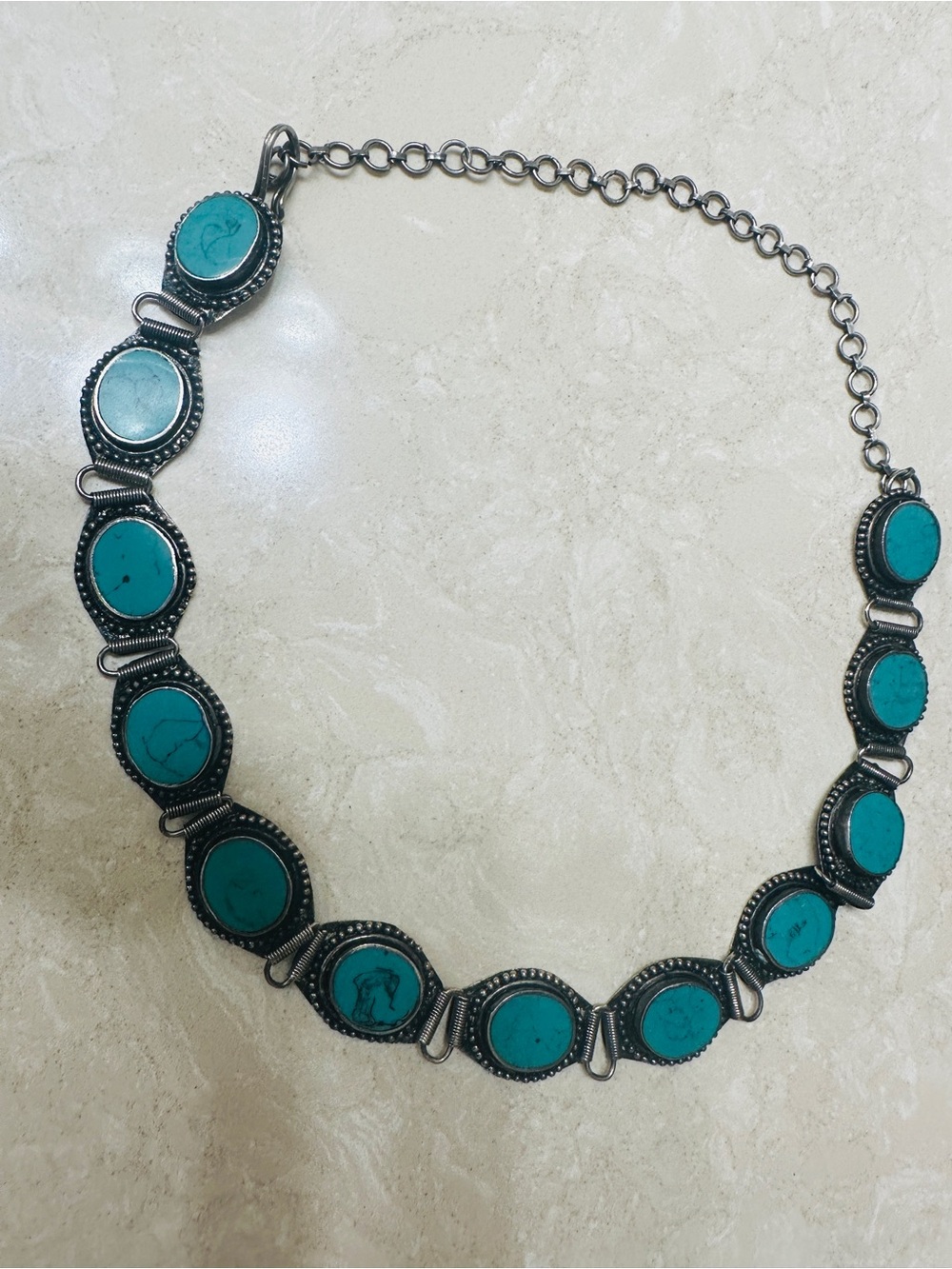 Necklace Turquoise Cabochon Medallions Oval Stone Silver Tone Choker Blue
